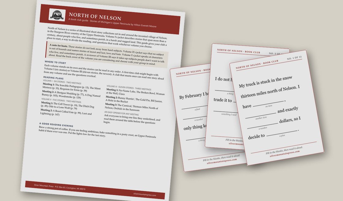 A first look at the book club kit: a printed reading guide beside three fill-in-the-blank conversation cards, shaded slightly because they are not ready yet.